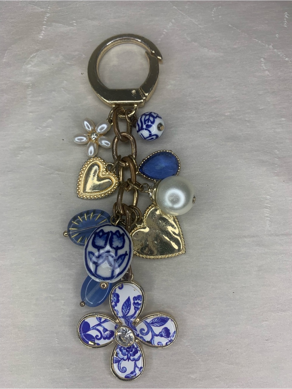 Gold-Tone Blue Floral Charm Keychain with Pearl Accent